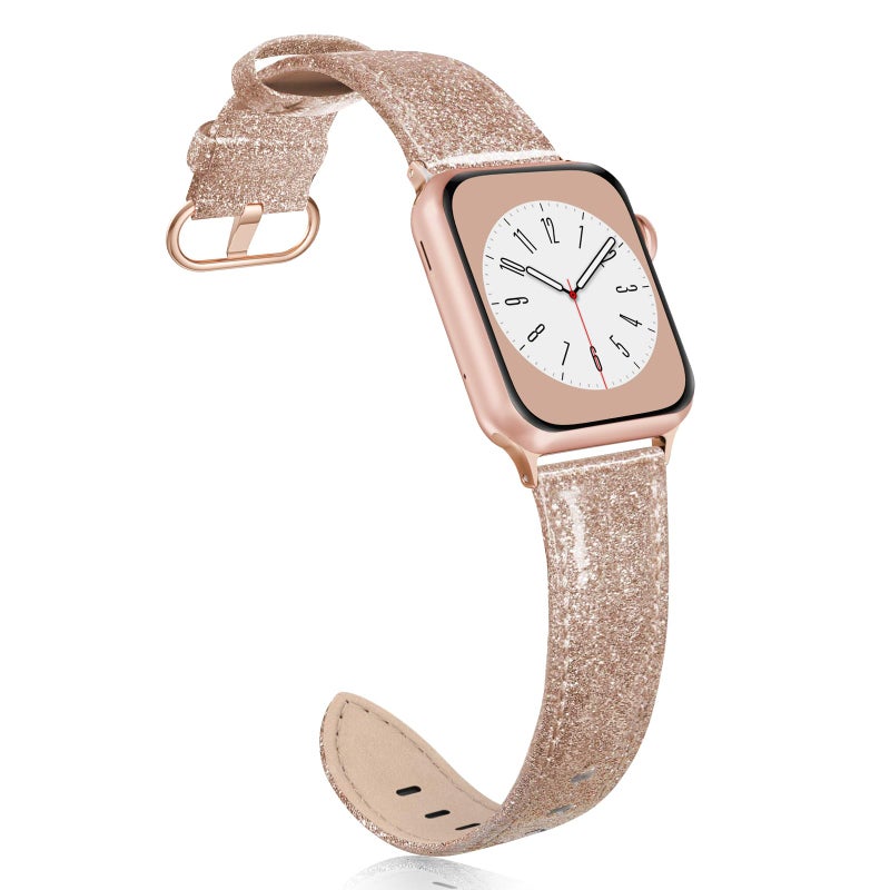 SWEES Leather Band Compatible for iWatch 38mm 40mm, Genuine Leather Replacement Strap Rose Gold Buckle Compatible iWatch Series 6 5 4 3 2 1 Sports & Edition Women And Men, Glitter Rose Gold - Image 1
